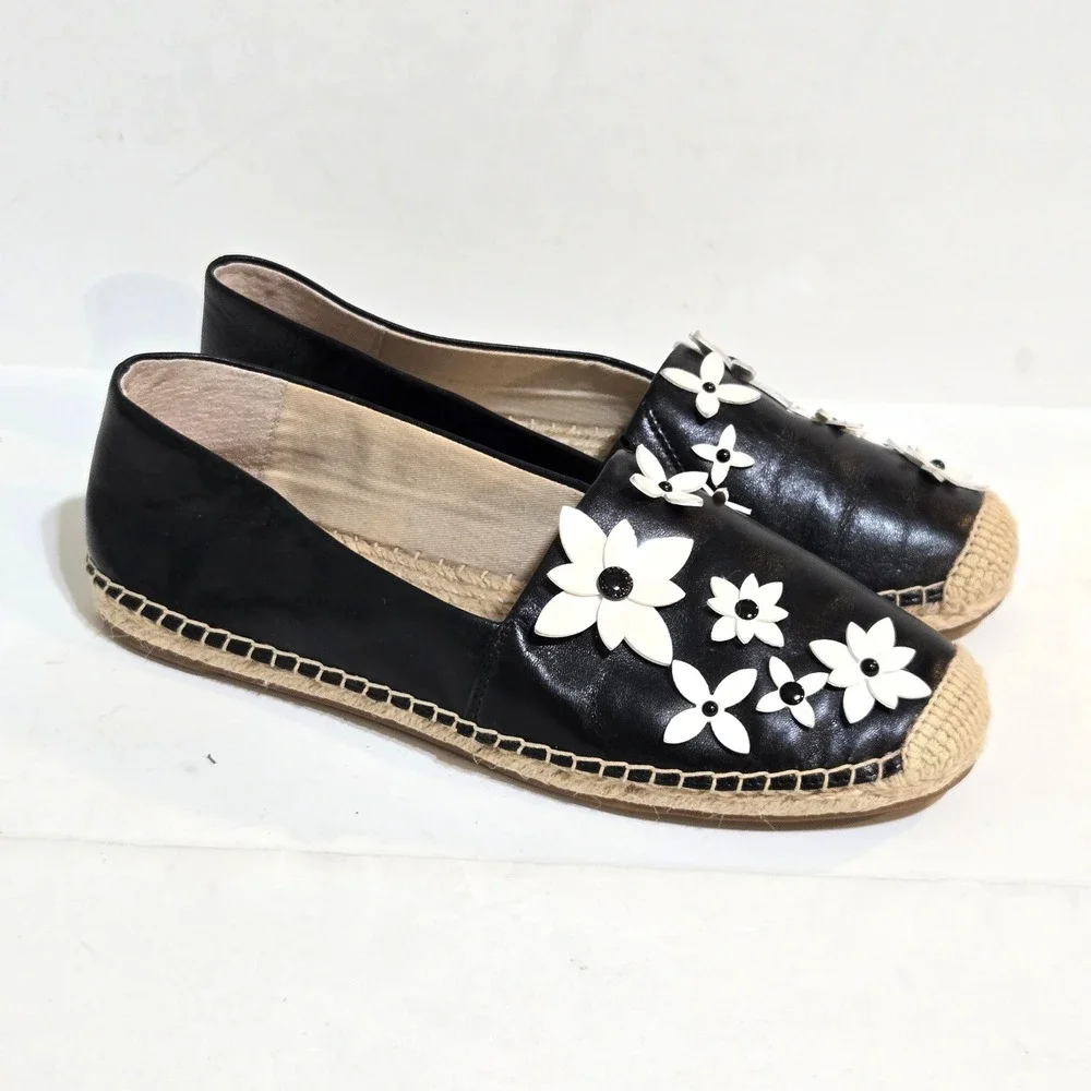 Michael Kors Lola Espadrille Flats Womens 7 Black White Floral Leather Applique